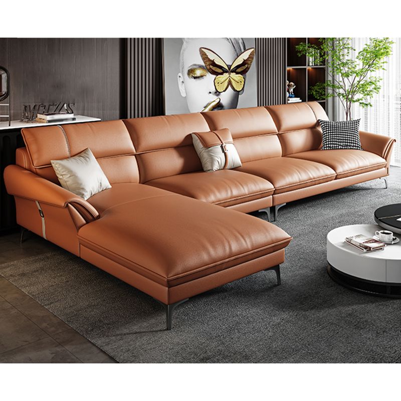 Contemporary Tan Leather Sectional Pillow Top Arm Sofa and Chaise for Living Room