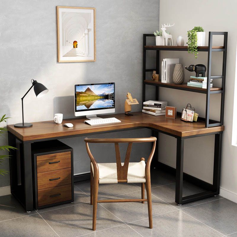 Solid Wood Home Writing Table Industrial L-Shape Fixed Office Table with Shelf