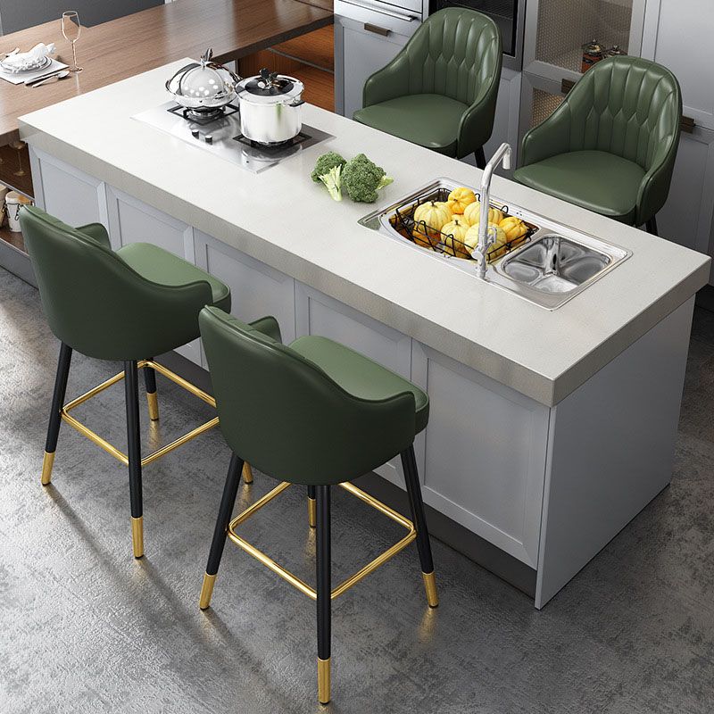 Glam Metal Barstool Faux Leather 4 Legs Counter Stool With Footrest