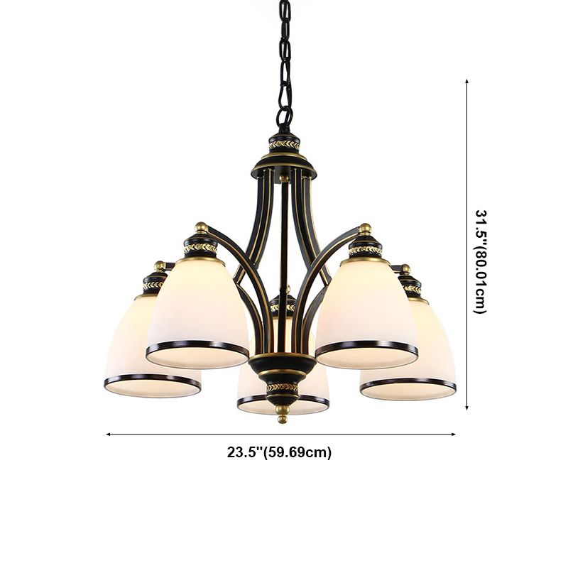 American Metal Chandelier Branch Black Pendant Lamps with White Glass for Living Room