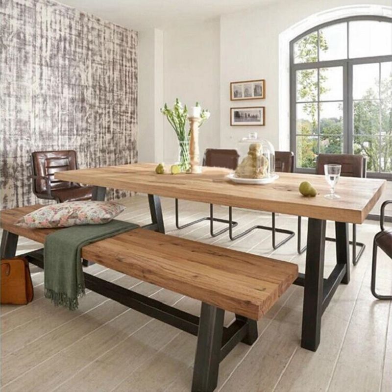Solid Wood Top Dining Table Industrial Rectangle Table with Trestle Base in Black