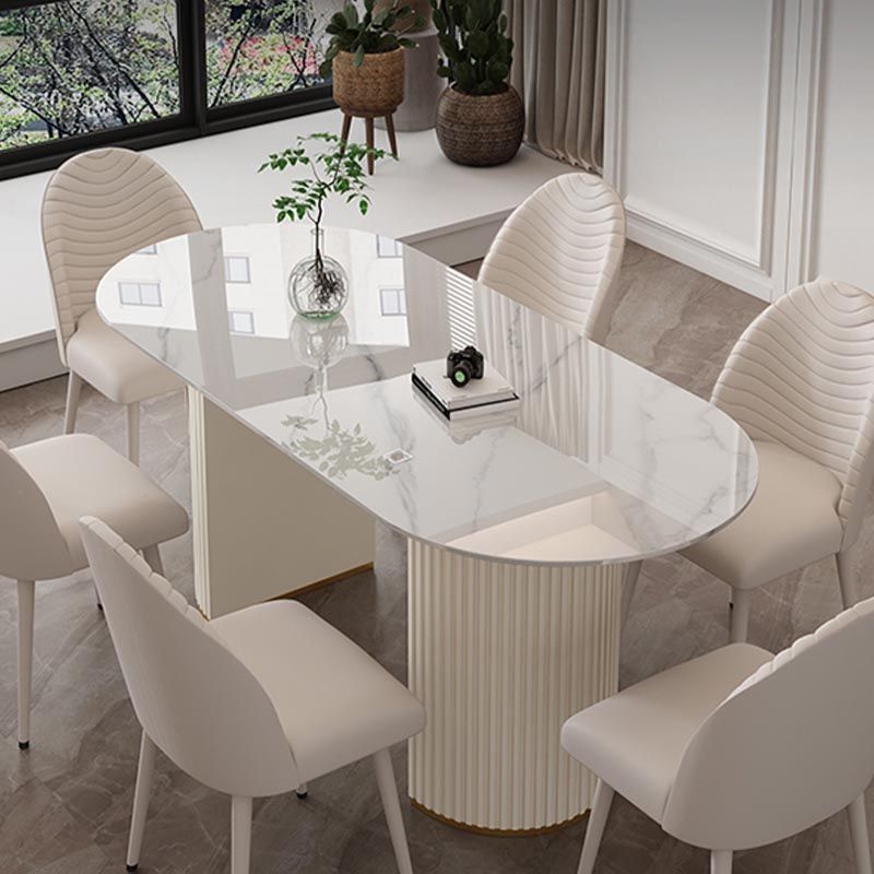 Metal Contemporary White Dining Table Marble Top Table with Double Pedestal