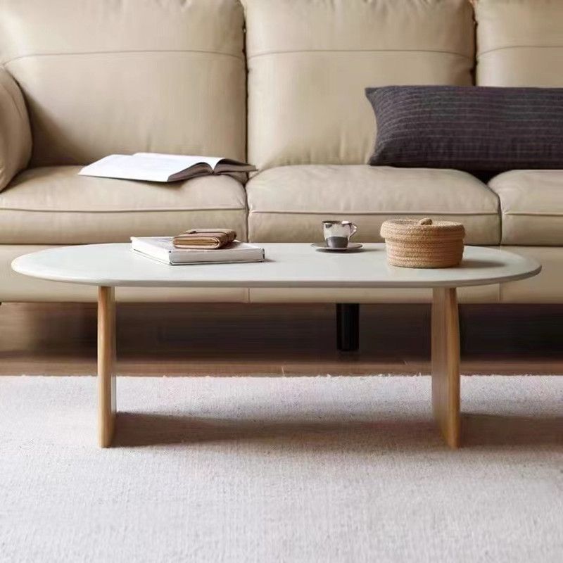 Modern 2 Legs Wooden Coffee Table Oval White Top Cocktail Table