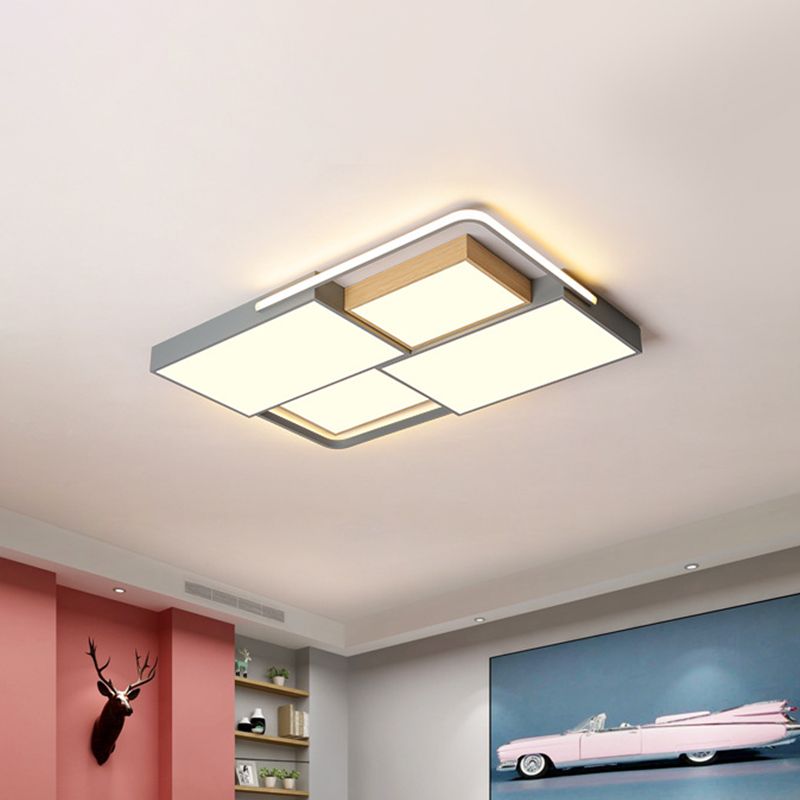 20.5"/34" Wide Nordic LED Ceiling Light Acrylic Grey and Wood Square/Rectangle Flush Mount with Grid Design, Warm/White Light