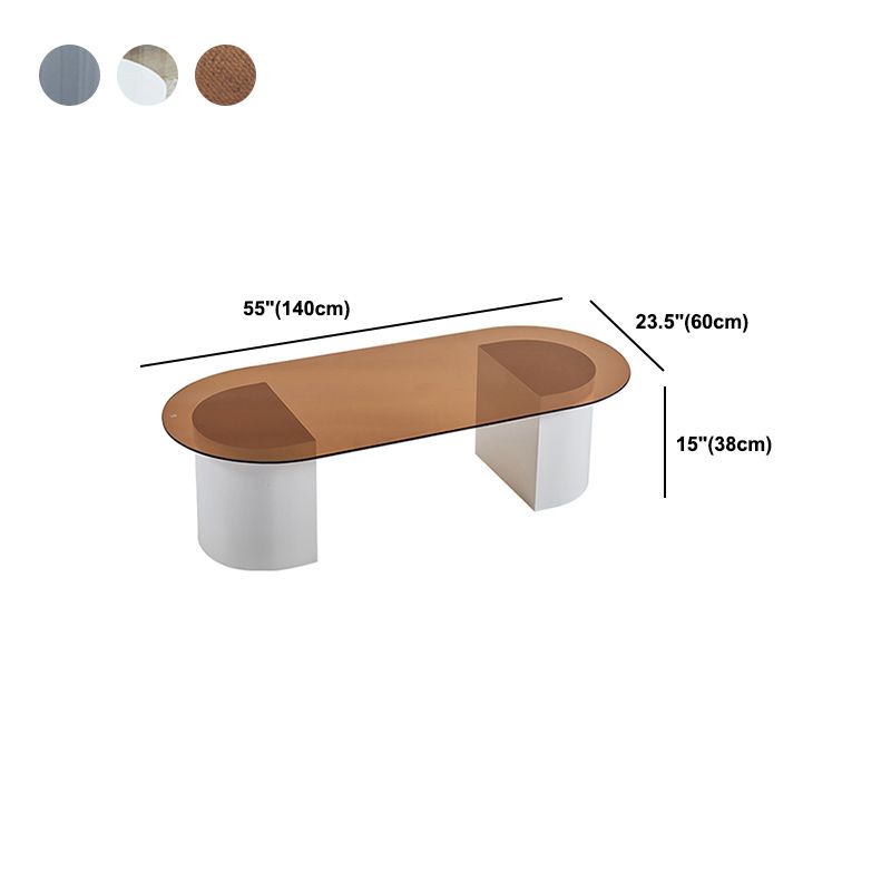 Modern Oval Glass Top Coffee Table with White Wooden Base Cocktail Table