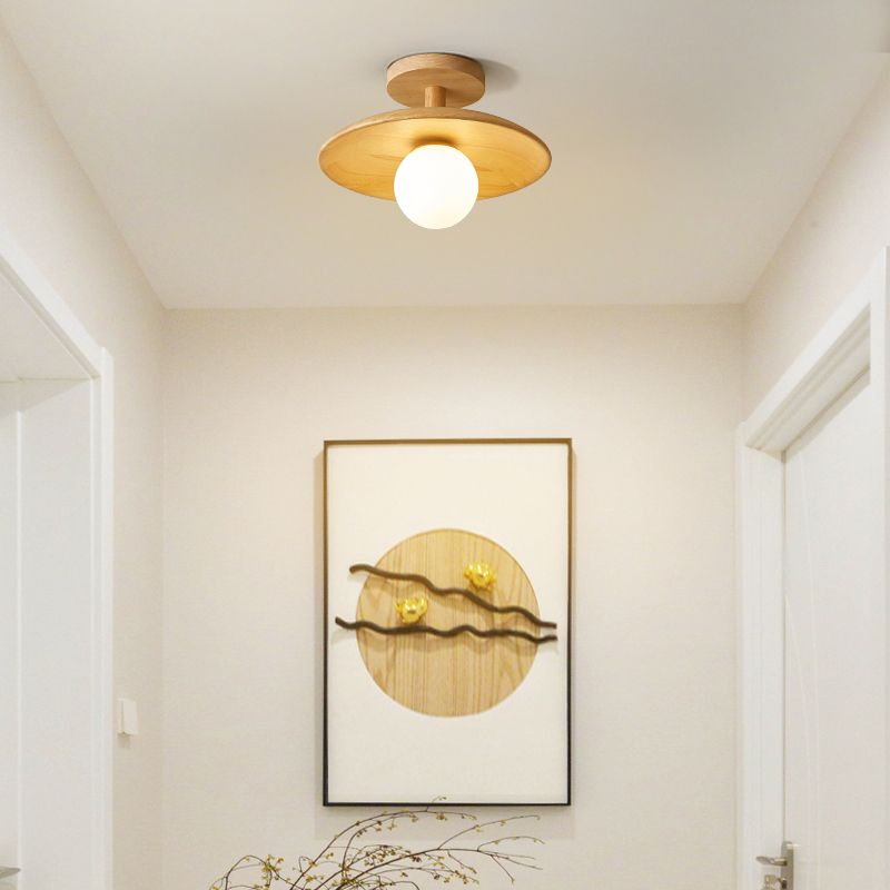 1-Light Ceiling Light Wooden Ceiling Mount Light with Glass Shade for Bedroom