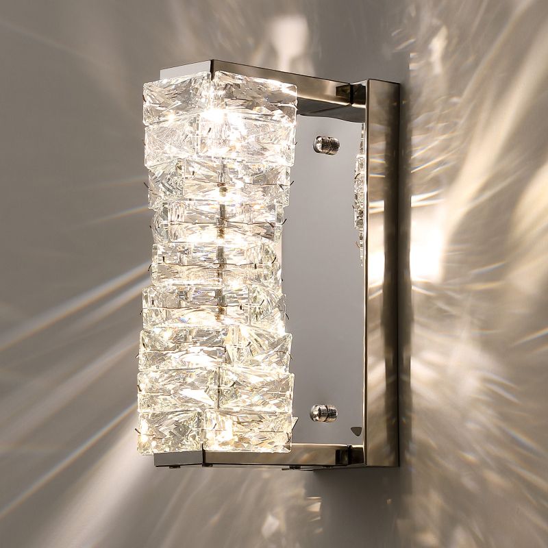 Silver Rectangular LED Wall Sconce in Modern Artistic Style Metal Wall Lamp with Crystal Shade