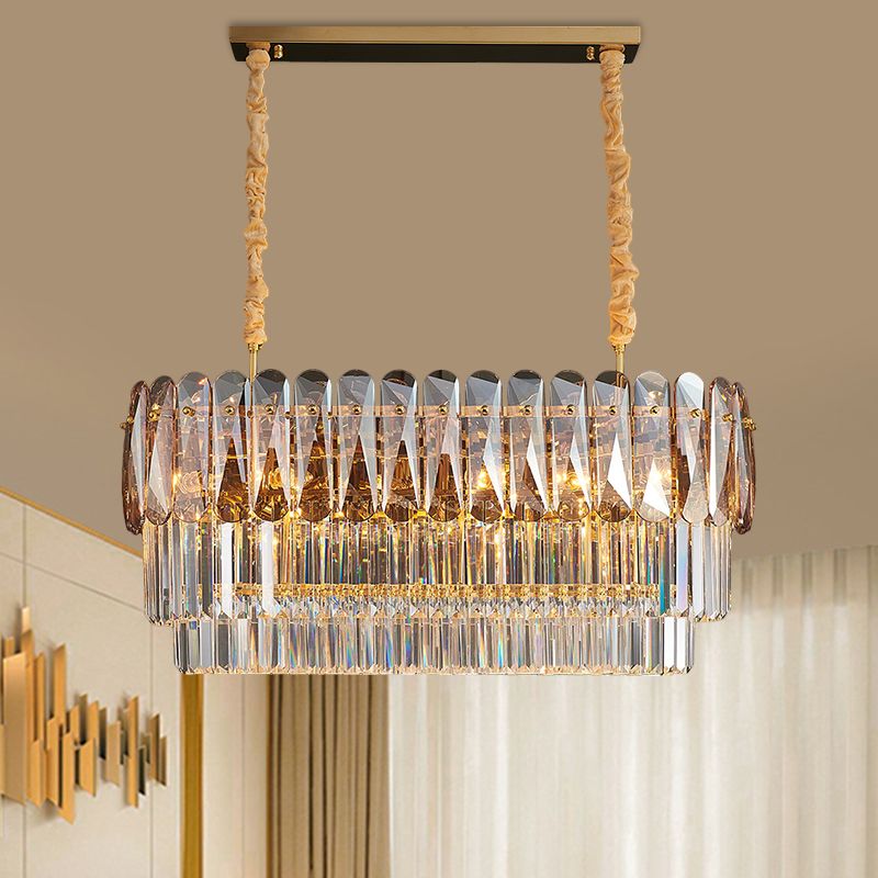 3-Tier Rectangular Dining Room Pendant Amber/Smoke Gray Crystal Block 12-Light Contemporary Island Lamp