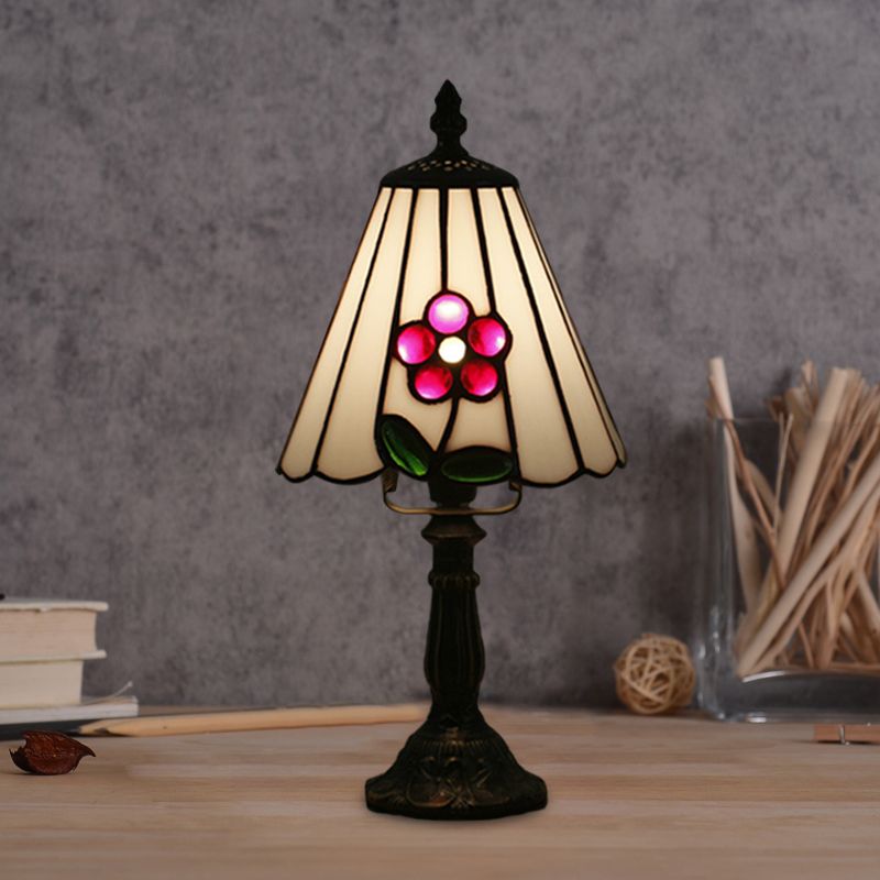 Stained Glass White/Red Night Light Conical/Flared 1-Head Mediterranean Table Lighting with Floral Pattern