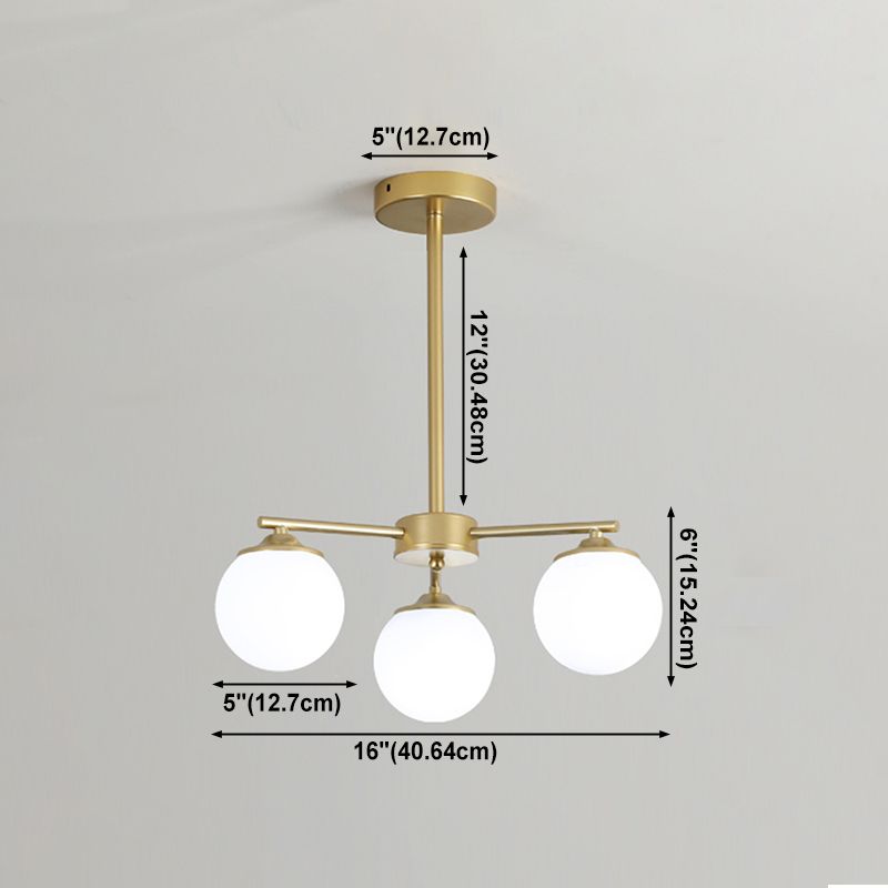 Gold Metal Chandelier Light Fixtures Modern 3-Head Globe Suspension Lamps with White Glass Shade