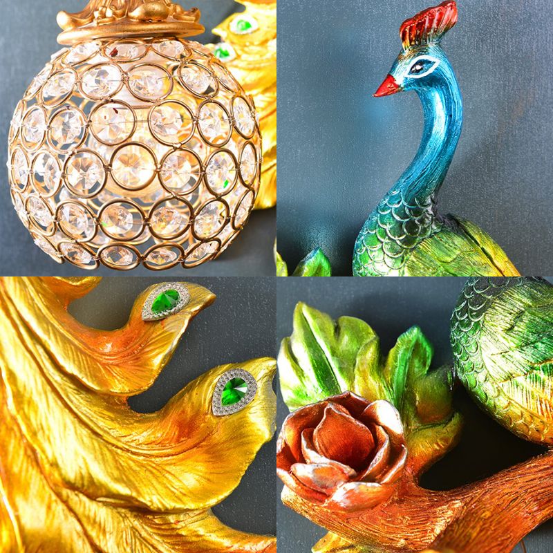Paacock Bedroom Wall Lightture Country Resin 1 Green clair / Gol Gold Ponce avec Orb Crystal Shade, Gauche / Droite