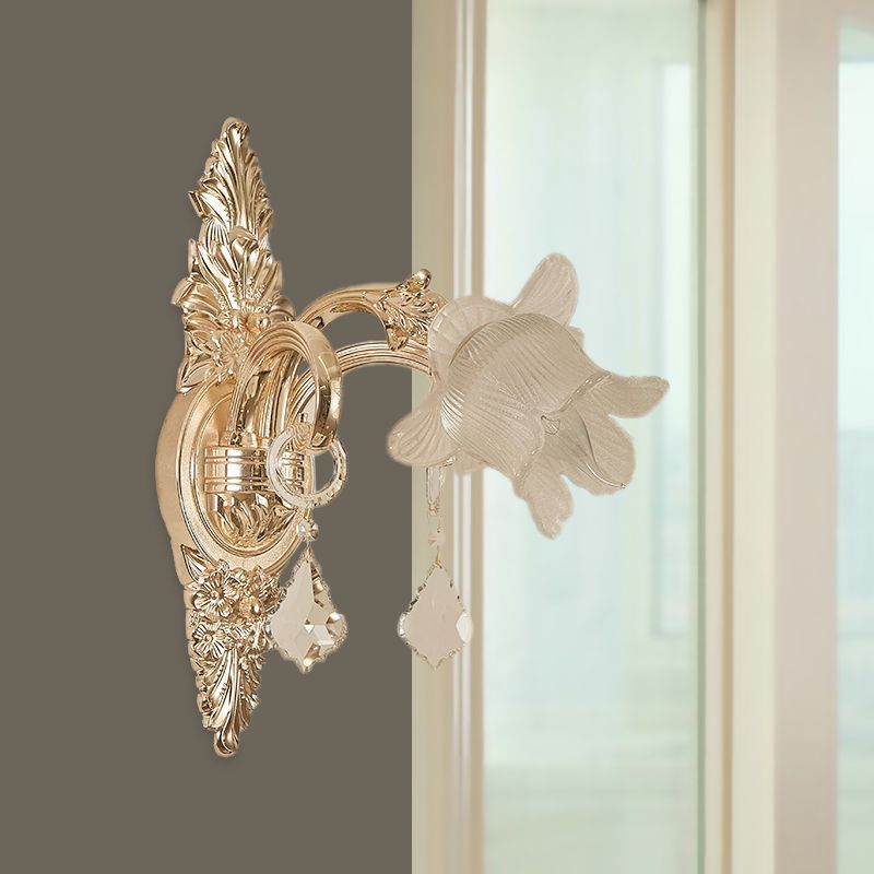 Frosted White Glass Bluebells Wall Light Traditional 1/2-Head Family Room Wall Sconce in Gold