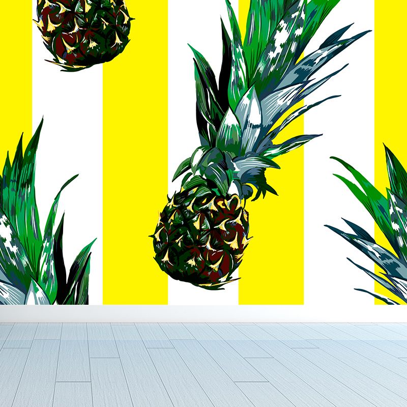 Tasty Pineapple and Stripes Mural Wallpaper Modern Non-Woven Material Wall Covering