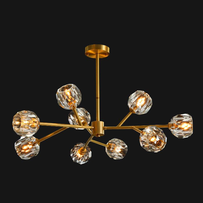 Branch Living Room Suspension Light Metal Artistic Chandelier Light with Faceted Crystal Shade in Gold