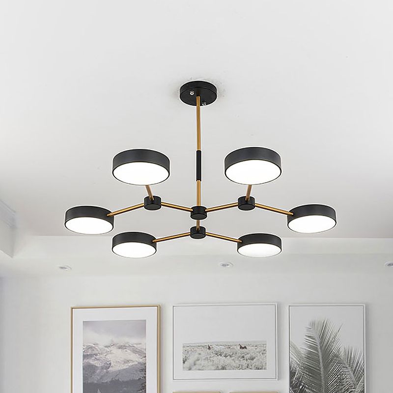 Drum Pendant Chandelier Modern Metallic 6 Lights Black/White Finish Branch Hanging Ceiling Lamp
