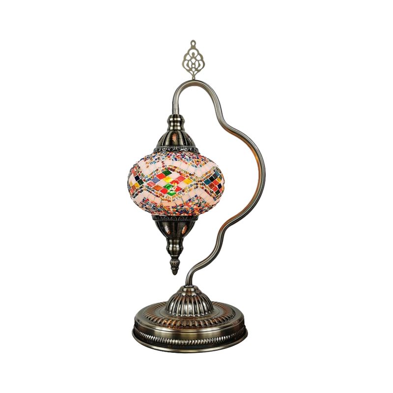 Stained Art Glass Globe Table Lamp Art Deco 1 Head Restaurant Night Light with Curvy Arm in White/Red/Yellow