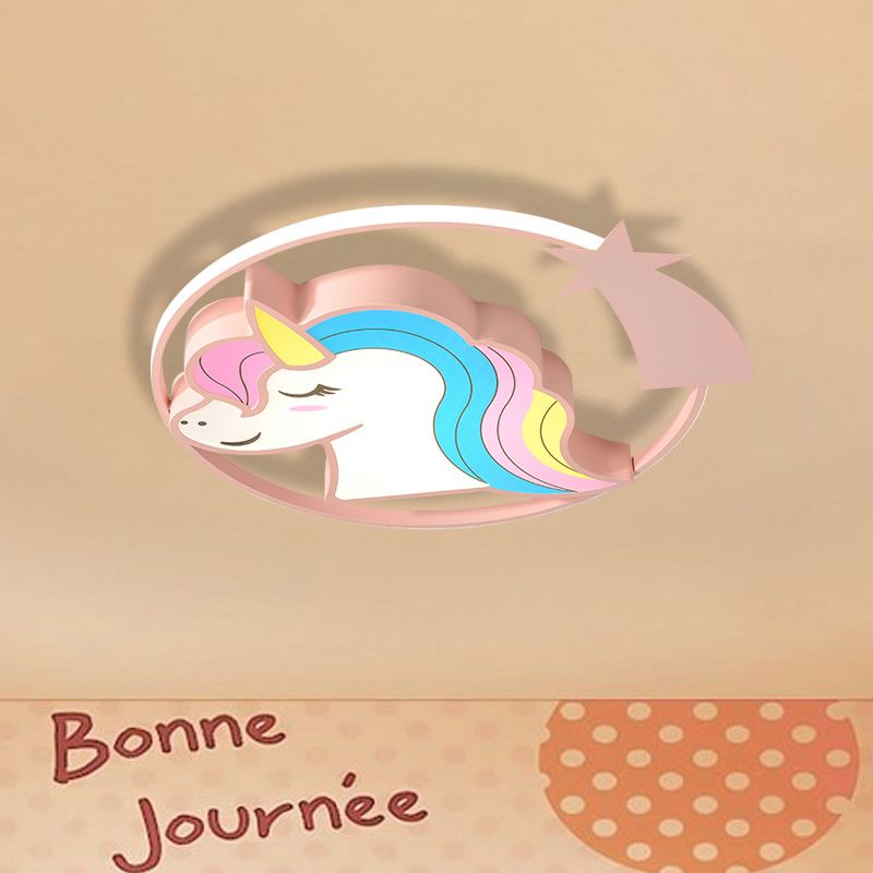 Dessin animé girafe/licorne plafonnier fer enfants chambre LED encastré luminaire en rose/jaune/bleu