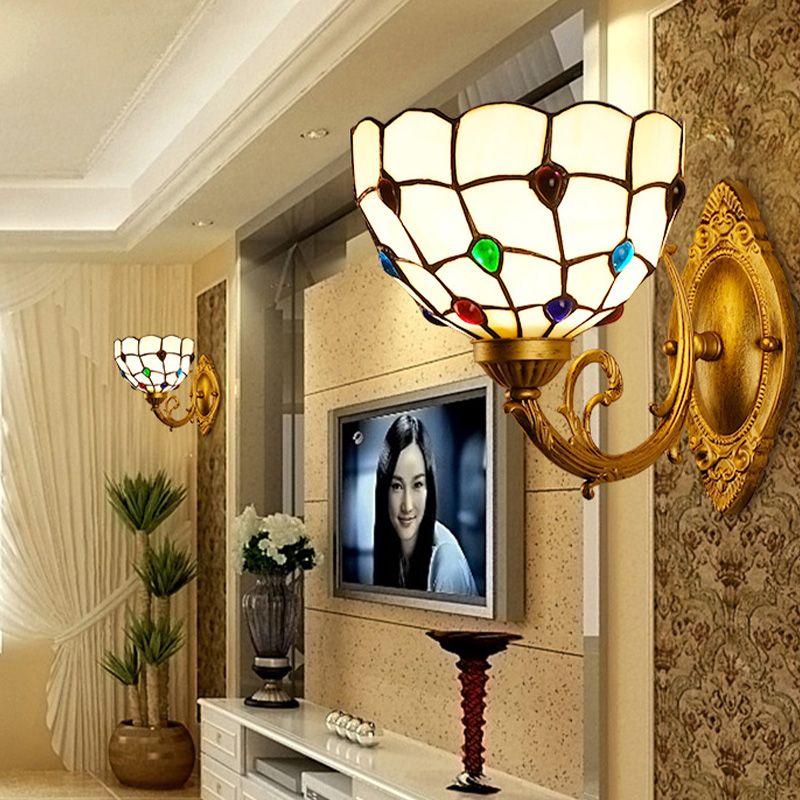 1 Light Bathroom Vanity Lamp Mediterranean Brass Sconce Light Fixture with Beaded White Glass Shade