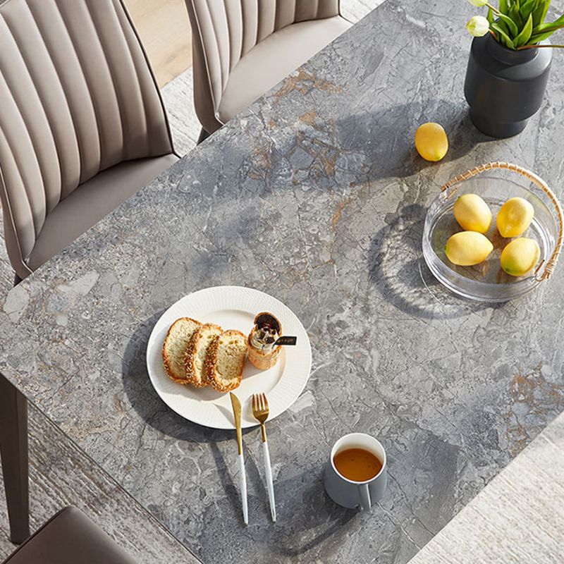 Gray Contemporary Rectangular Stone Dining Table with Solid Wood Legs