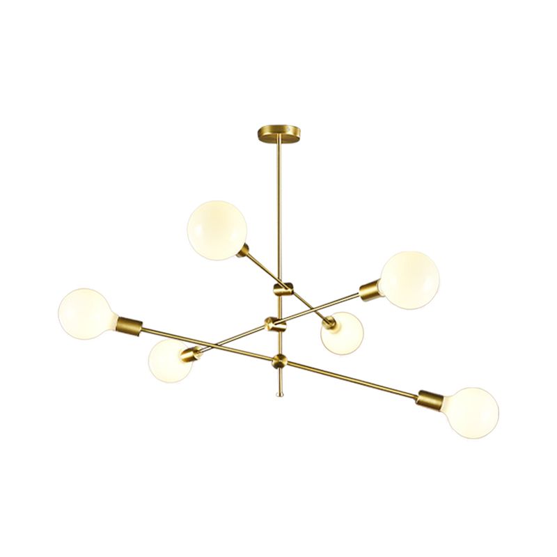 Rotatable 3-Arm Chandelier Minimalism White Ball Glass 6 Bulbs Gold Suspension Pendant Light
