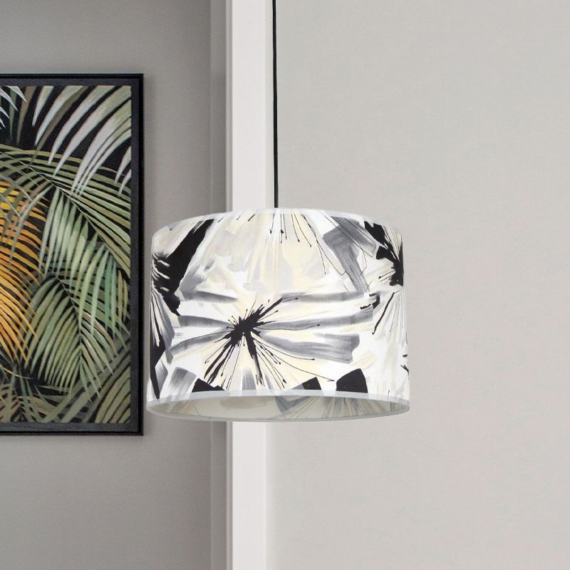 Printed Fabric Drum Shade Pendulum Light Contemporary 1 Bulb Black and White Pendant Lighting Fixture