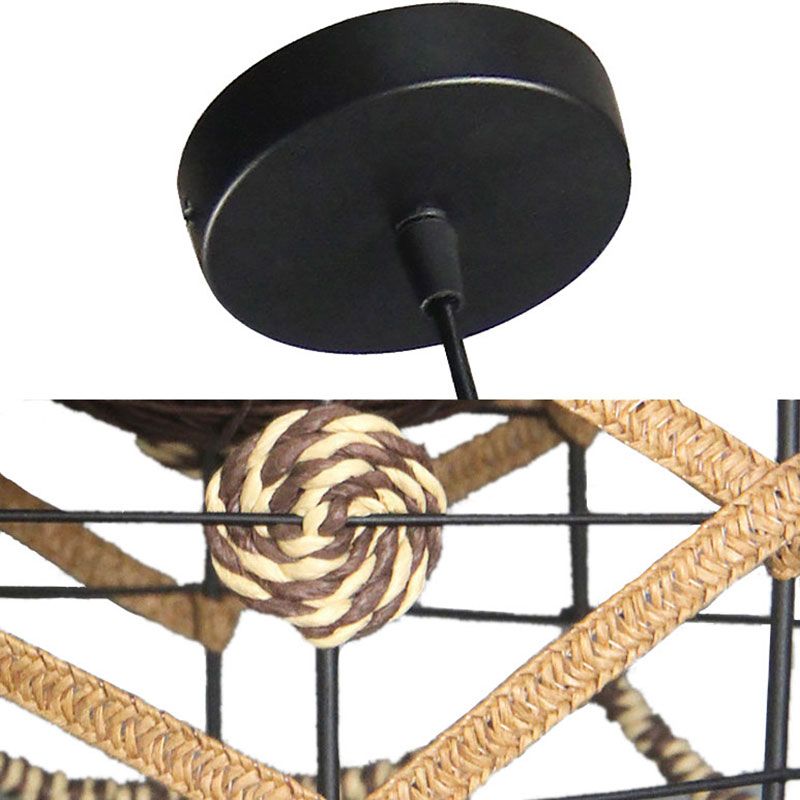 Beige draadframe hanglamp 1 lichte Aziatische stijl metalen en touwhangende lamp voor cottage