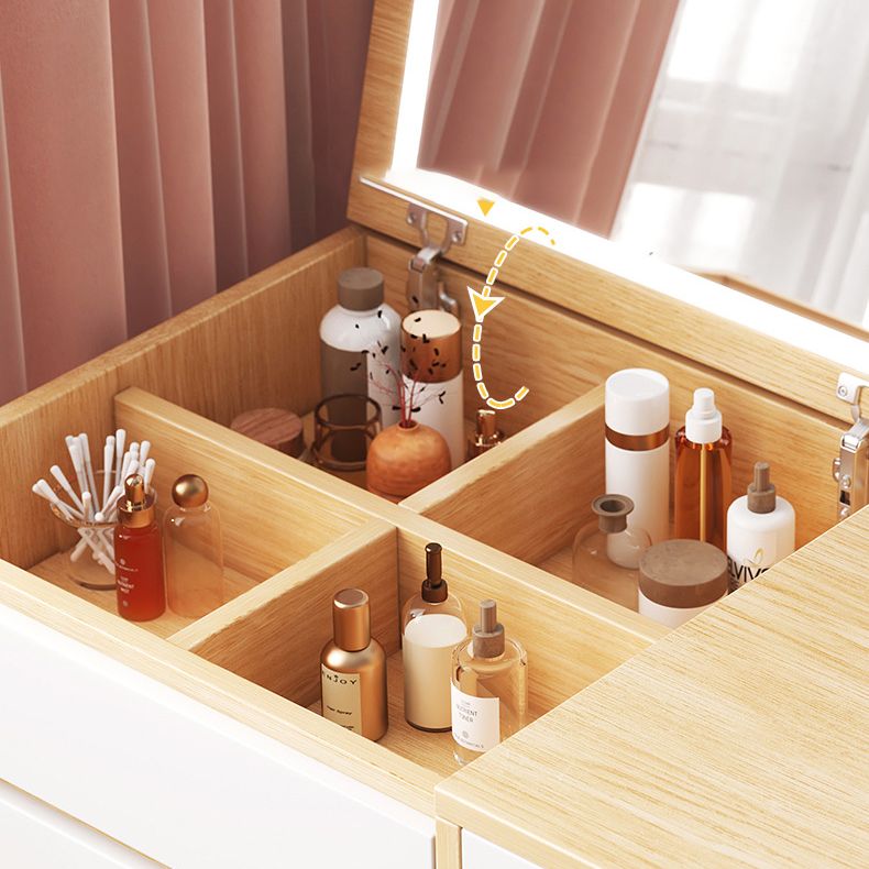 Contemporary Natural Bedroom Solid Wood Mirror With Drawer Makeup Vanity Set