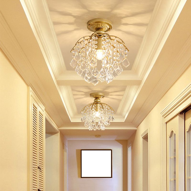Gold Branching Ceiling Lighting Modern 1 Head Crystal Strand Semi Flush Mount Lamp for Aisle