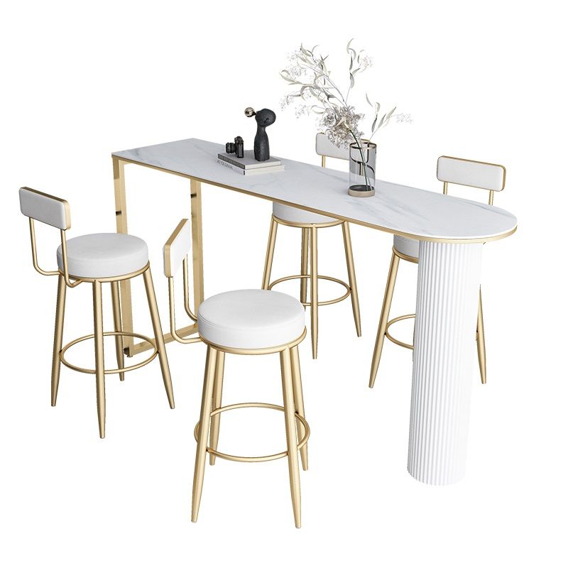 Glam Stone Pub Bar Table Indoor Iron Double Pedestal Bar Dining Table, Only Table