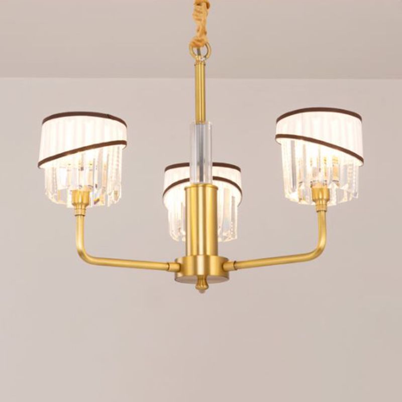 Modern 3 Heads Chandelier Lighting Brass Cylindrical Hanging Light Kit with Crystal Shade