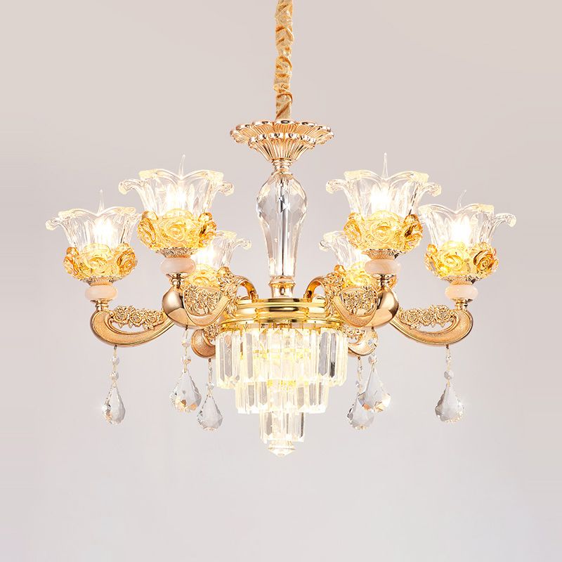 Blossom Crystal Glass Chandelier Antique Style Bedroom Ceiling Hang Light in Gold