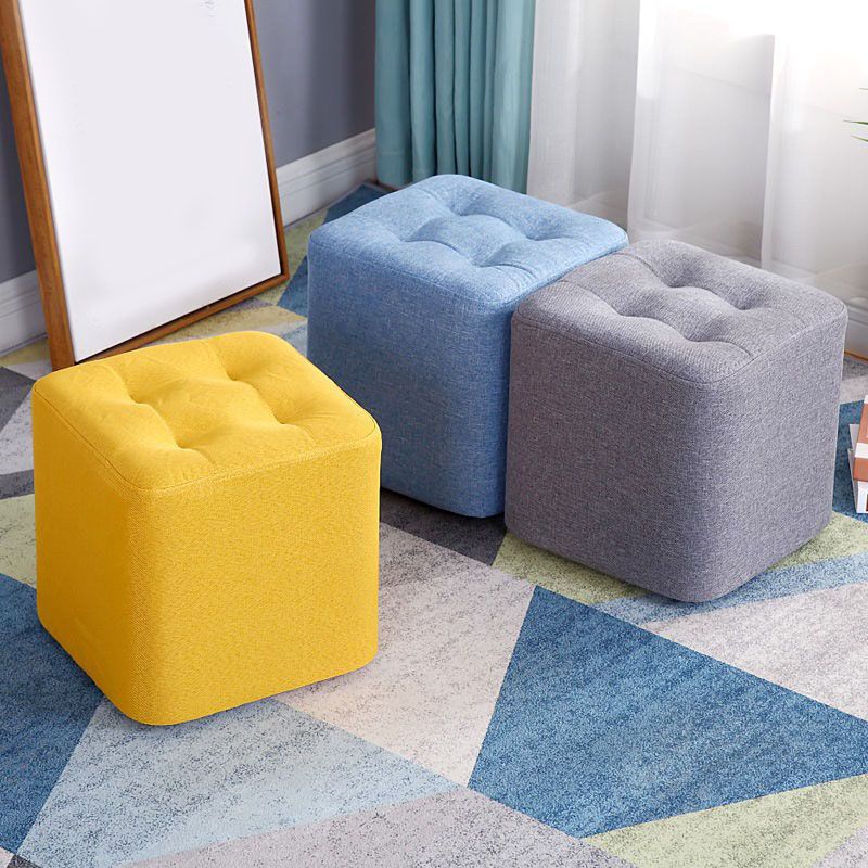Contemporary Square Shape Cube Linen Blend Upholstered Ottoman