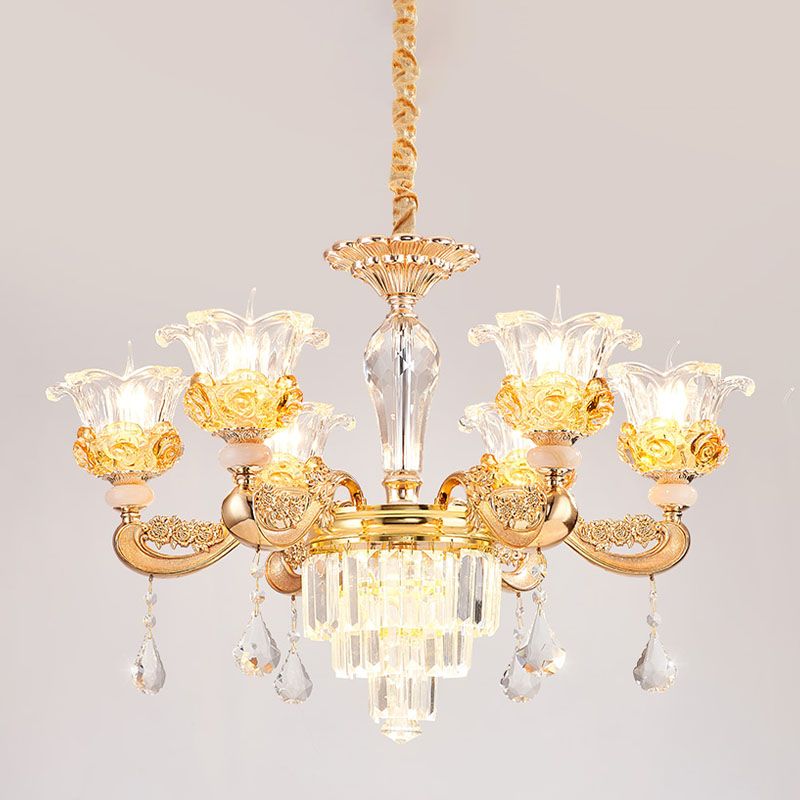 6 Lights Clear Glass Pendant Lamp Traditional Gold Flower Dining Room Chandelier with Tiered Crystal Accent