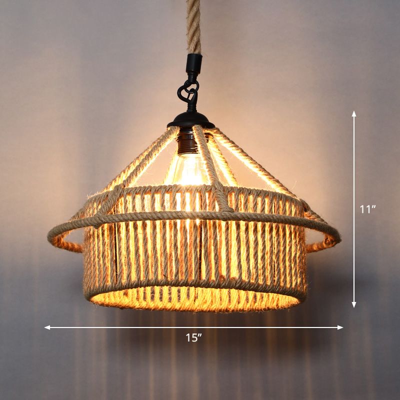 Single Cage Shade Pendulum Light Country Style Wood Rope Suspension Light for Restaurant