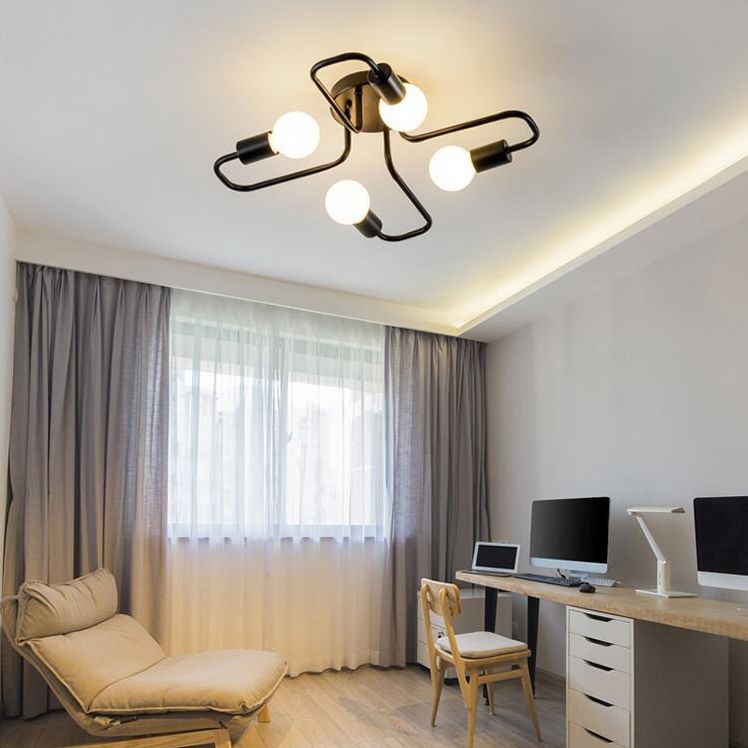 Schwarze schlanke Arme Deckenbeleuchtung Industrieeisen freiliegerte Glühbirne Halbblättermontage Beleuchtung für Wohnzimmer