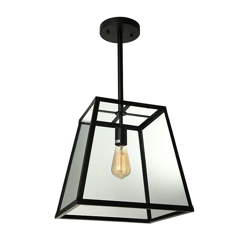 Industrial Trapezoid Pendant Lighting 1 Light Clear Glass Hanging Light Fixture in Black, 12" /14" Wide