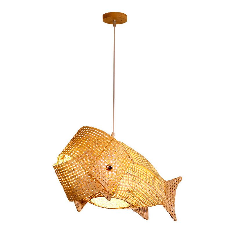 27.5" Wide Japanese Style Carp Hanging Light Bamboo Weaving Creative 1-Light Pendant for Restaurant
