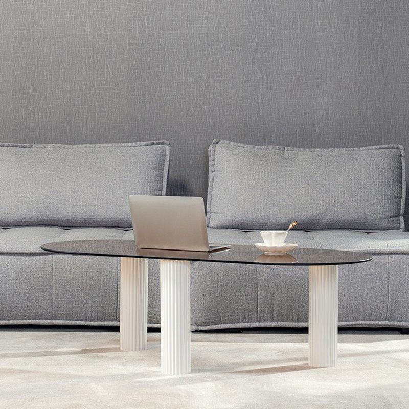 Contemporary Oval Glass Top Coffee Table with 3 Wooden Legs Cocktail Table