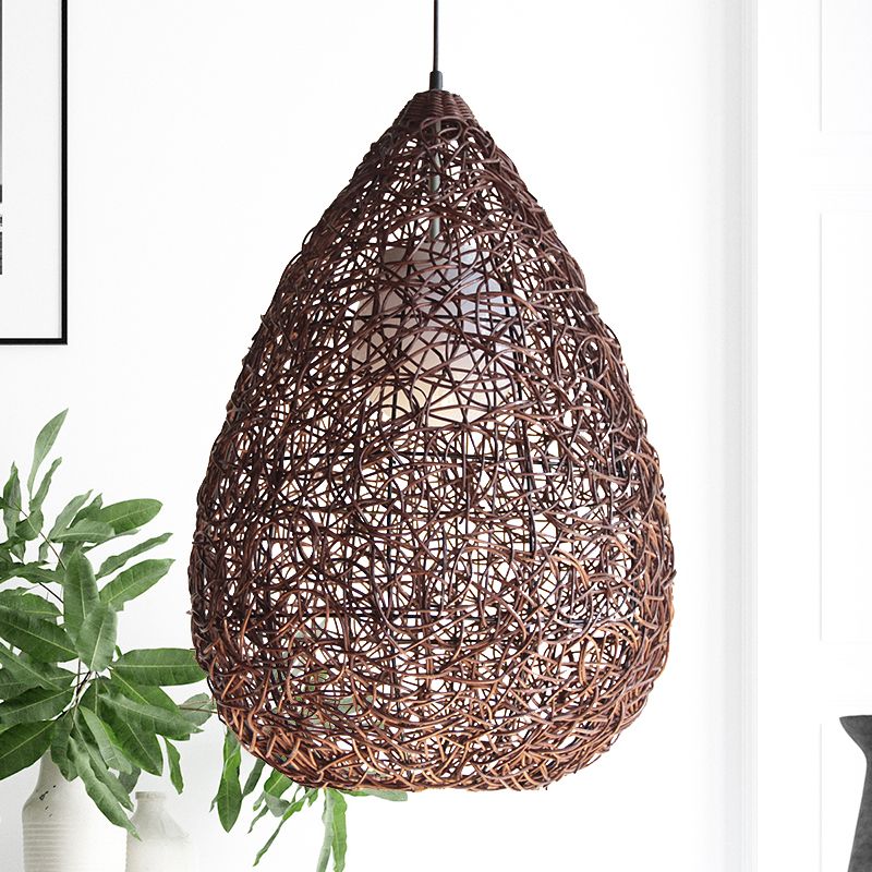 Chinese 1 Bulb Hanging Light Brown Pear Pendant Lighting Fixture with Rattan Shade