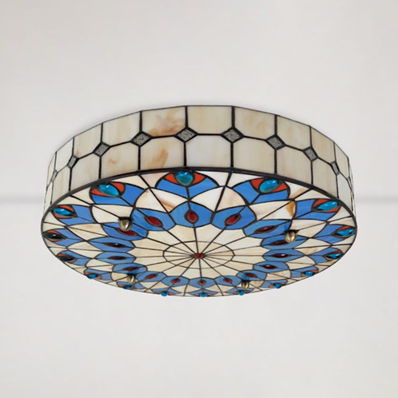 16"/18" W Round Shade Flushmount Tiffany Blue Flush Ceiling Light with Peacock Design for Restaurant