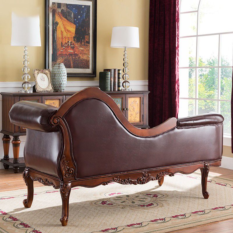 Traditional Dark Brown Genuine Leather Chaise Rolled Arms Tufted Accent Chair