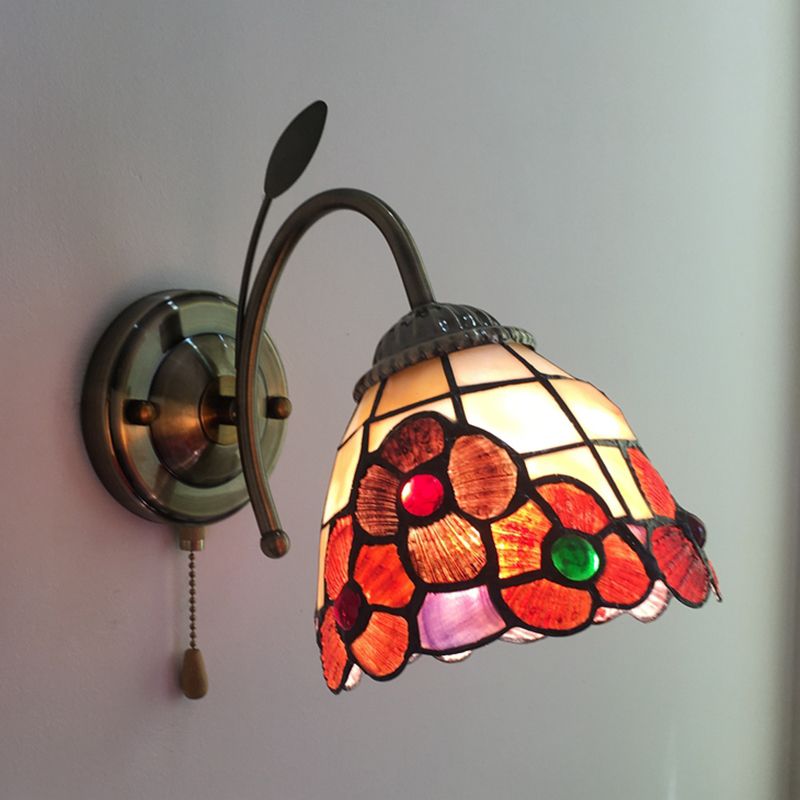 Orange Flower Wall Lighting Country Stained Glass 1 Head Wall Fixture Light with Pull Chain for Hallway