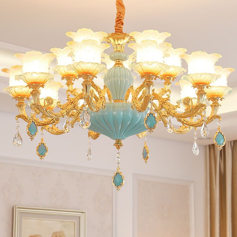 Gold Blossom Ceiling Chandelier Modernity Frosted Glass Hanging Light Fixture with Crystal Accent