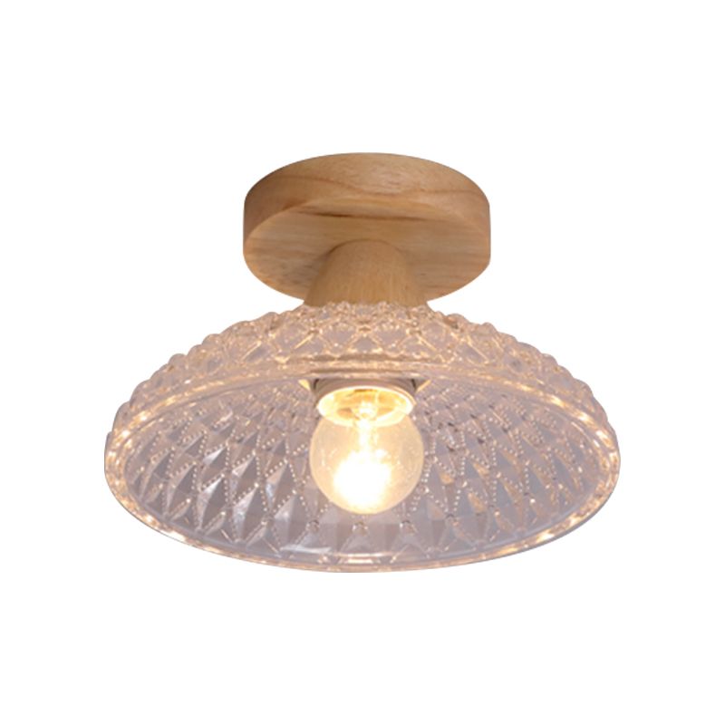 Simple 1-Light Ceiling Light Wooden Ceiling Mount Light with Glass Shade for Living Room
