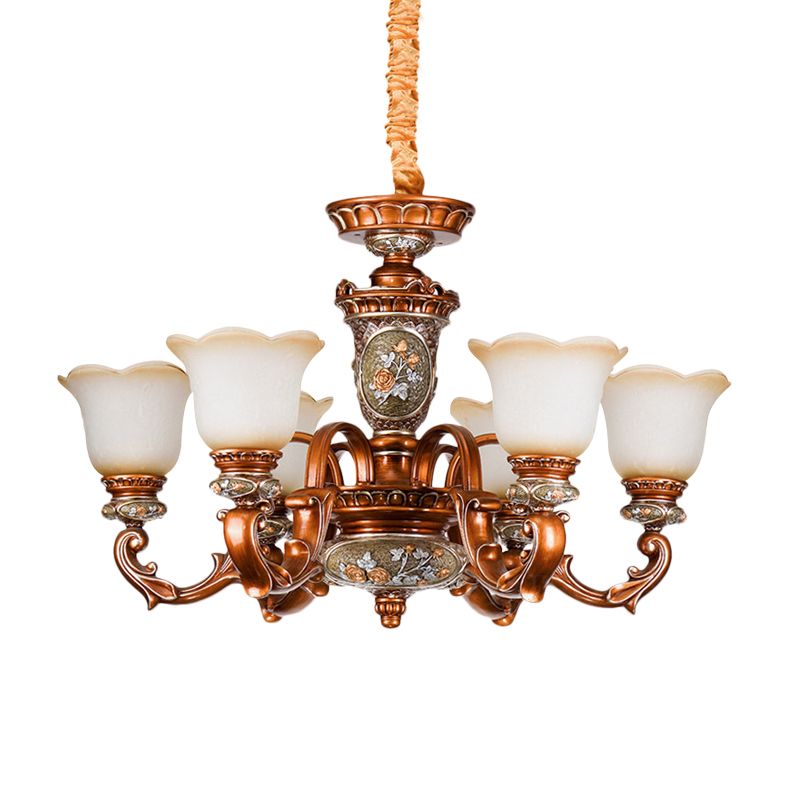 6/8-Head Cream Glass Chandelier Lighting Vintage Brown Floral Shaped Dining Room Ceiling Pendant Light