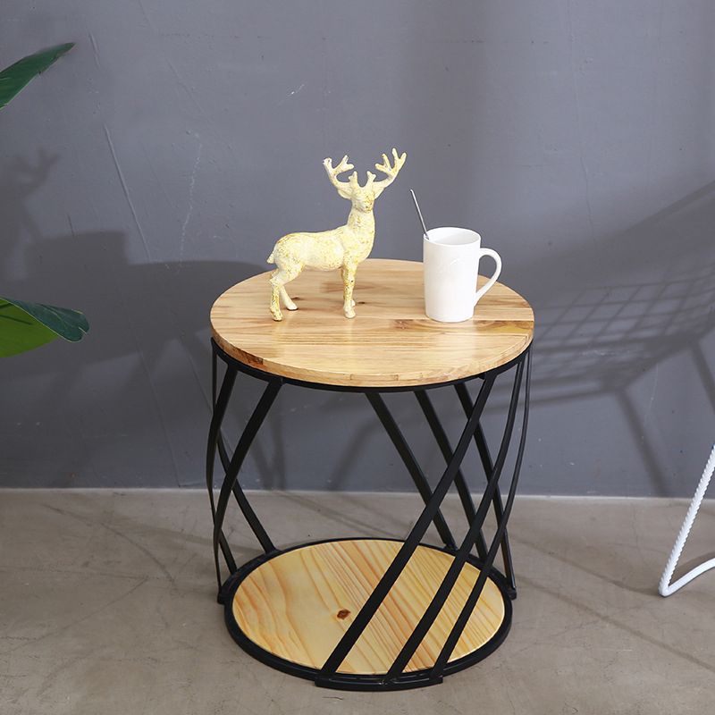 Drum End Table with Storage Solid Wood Round Top and Metal Base