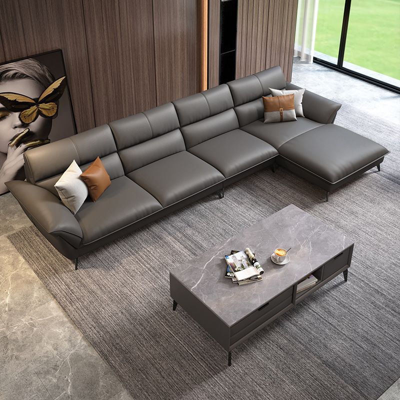 Glam Stationary Living Room Flared Arm Cushions Faux Leather Sofa Chaise