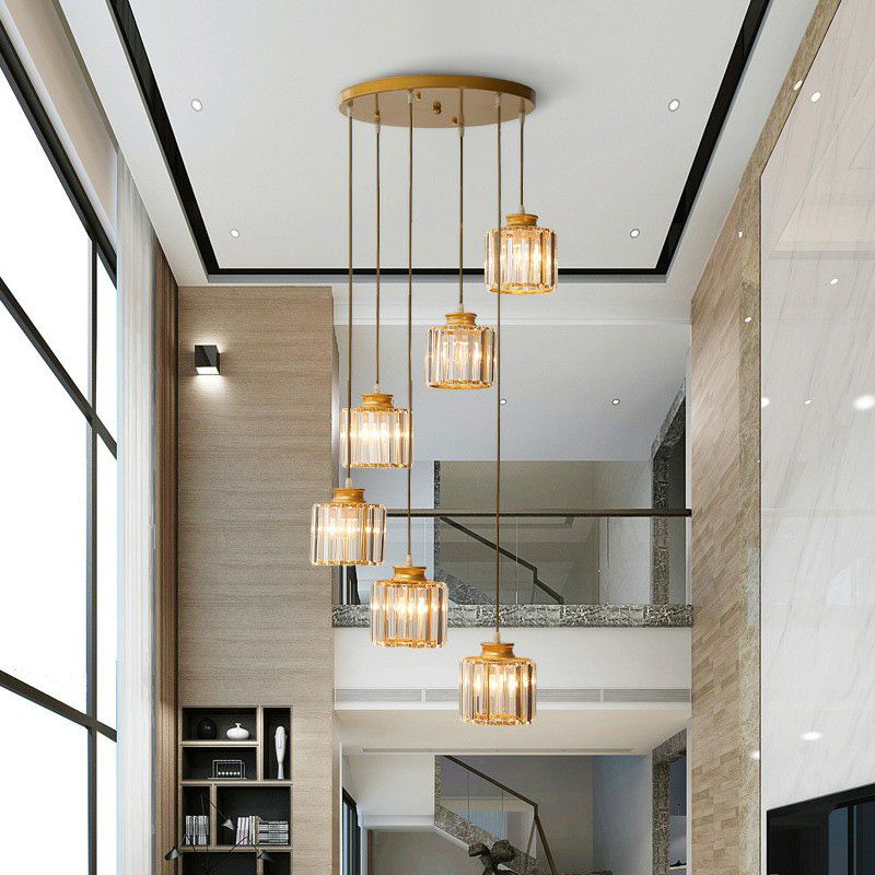Postmoderne zylindrische Anhängerlampe Prismatische Kristalltreppe Multi -Licht -Kronleuchter