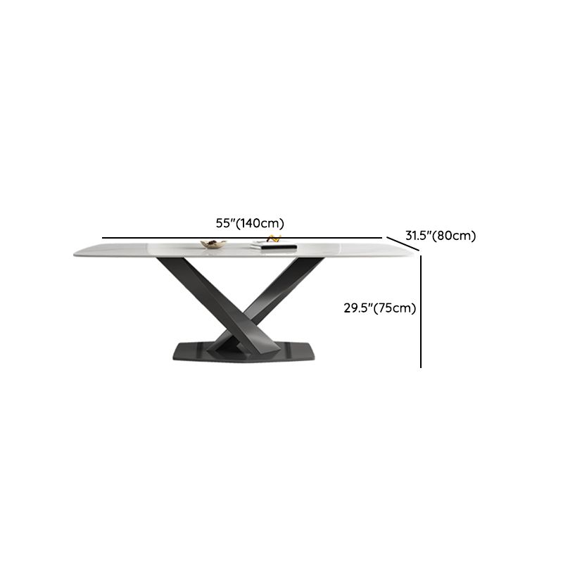 White Stone Top Dining Table Rectangular Tabletop with Metal Pedestal Base