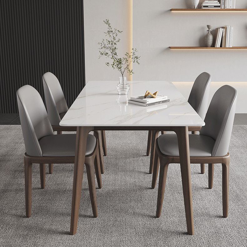 4 Legs Wood Dining Table Mid-century Modern Style Rectangle White Stone Top Dining Table